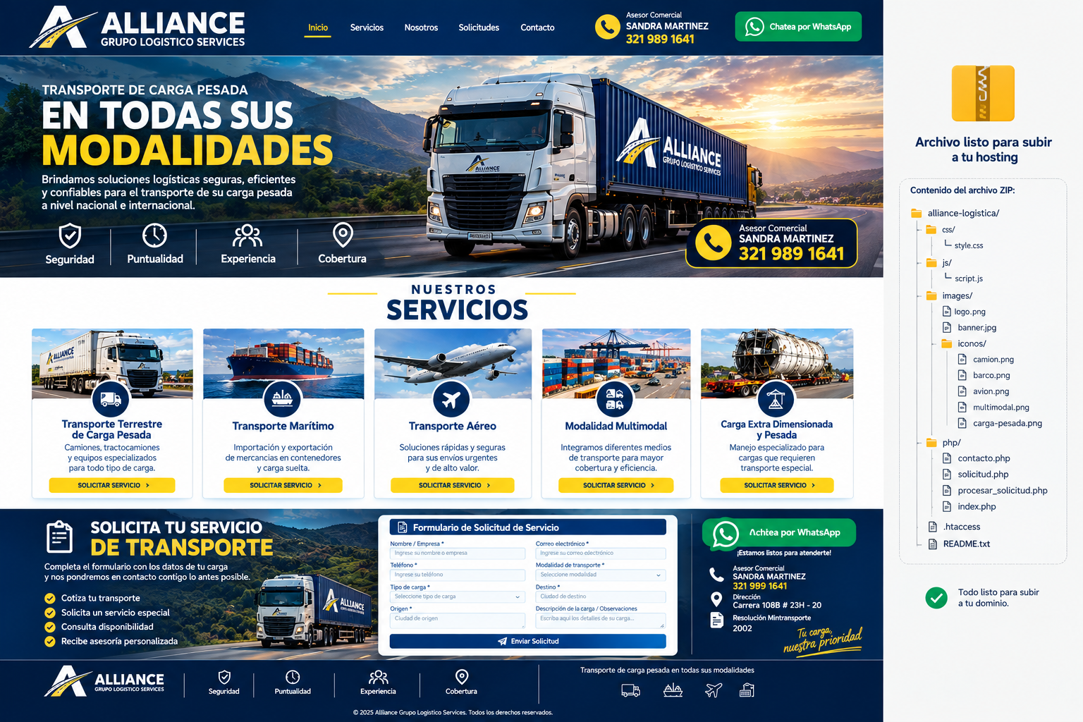 Referencia visual de la identidad y servicios de Alliance Grupo Logistico Services